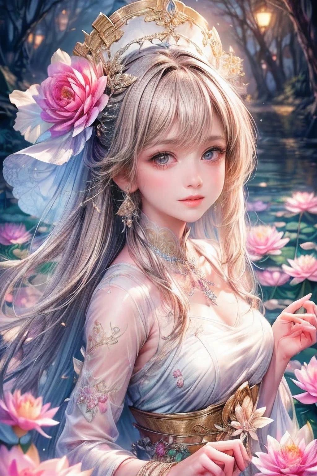 multiple exposure, masterpiece:1.2, highest quality, 16k, highres, ultra-realistic, photorealistic:1.37, beautiful detailed:1.2, cute girl, walking in a water lilies pond side,pond(colorful water lilies, full of water lilies), beautiful delicate elegant kimono with a water lilies motif, Beautiful and elegant pose, gently smile, beautiful delicate(hair, face, long eyelash, eyes, pupils, lips, hat, dress), sparkling eyes, shining rosy lips, blushed cheek, through bangs