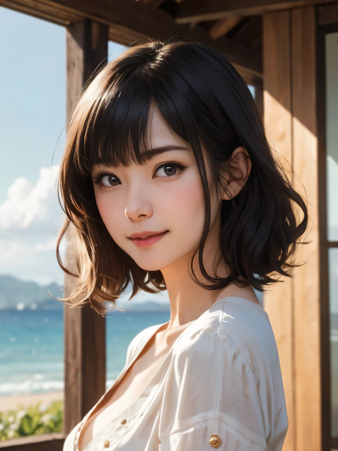 1 girl、highest quality、Realistic、alone、Written boundary depth、Natural soft light、Daytime、charm、Beautiful Face、Cleanliness、Pure Face、White skin、cute、short hair、prohibit、Beach、Light of the sun、Nedium Breast Body Esbian、((セーターを着たBeautiful Faceの黄金比 対称性のあるBeautiful Face))、Long neck、Listen carefully、prohibitのあるきれいな短いボブヘア、Laugh with your mouth closed、Perfect hands指、Perfect hands、Perfect body、Perfect Face、Shine a light into your eyes、Perfect Anatomy:1.4、とてもcuteスーパーモデル:1.4、{Huge|big|Hugeな|Mega} chest:2, chestの谷間:2、transparent、transparent性、Grossoisture、Shine、Cool feeling、Beautiful gradation blue sky:2