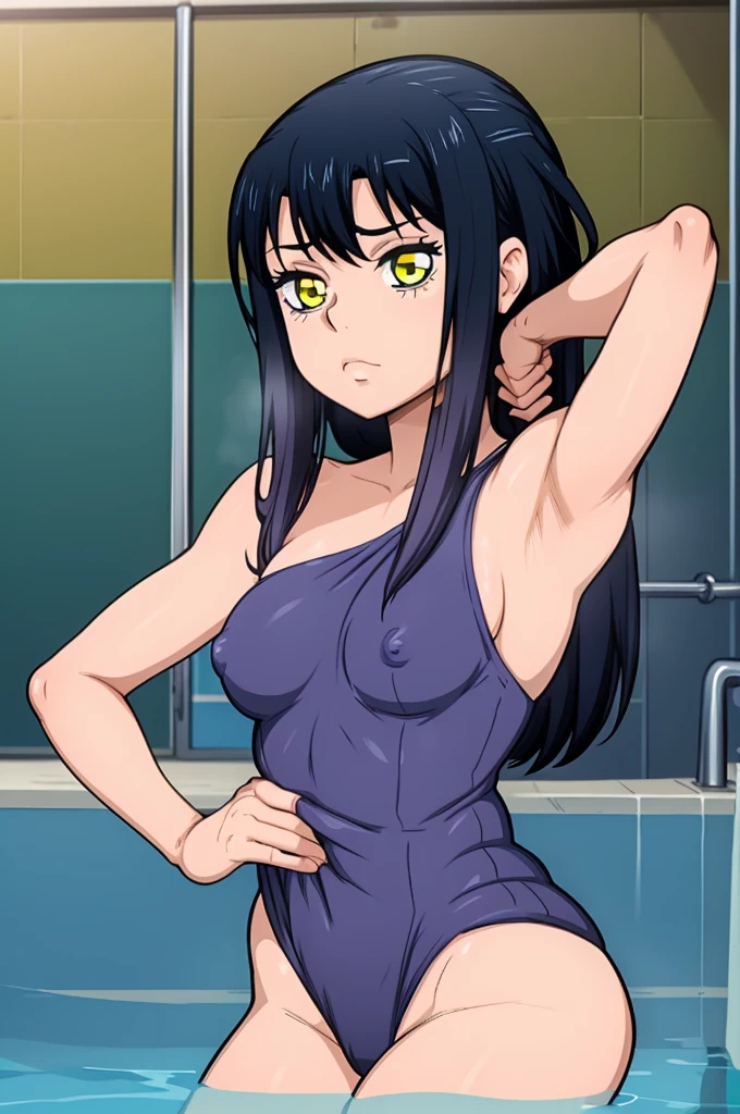 very detail, masterpiece, looking at viewer,mieruko, miko yotsuya, long black hair, naked, armpits, armpits visible, dark blue hair, yellow eyes, nipple hard, nipple slip, swimming pool, grab her own breasts
