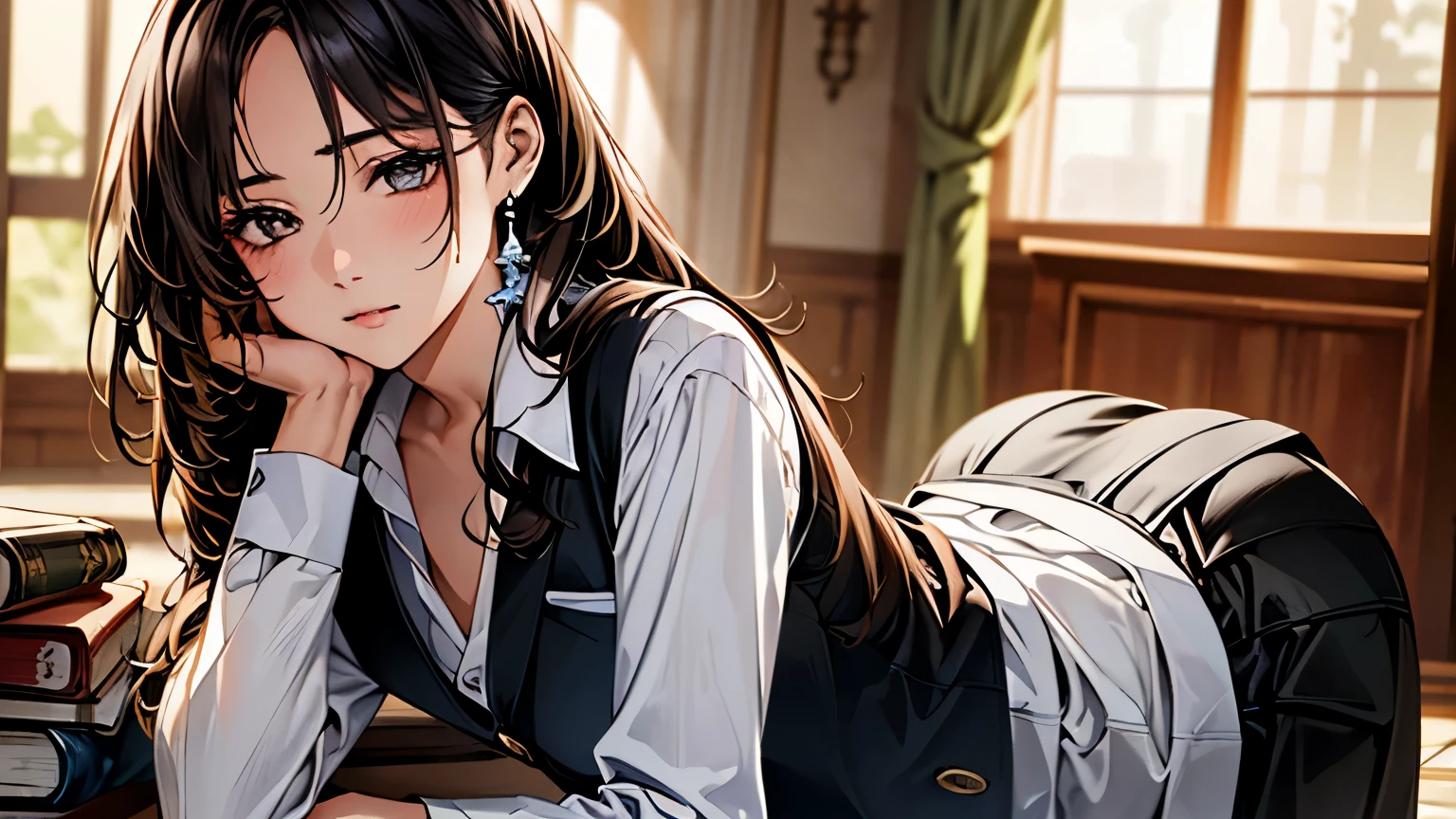 (masterpiece:1.3, highest quality, Ultra-high resolution, Very detailed), (Realistic, photoRealistic:1.4), Beautiful illustrations, Perfect lighting, Natural light, colorful, Written boundary depth,
Beautiful detailsまでこだわった髪, Beautifully detailed face, Beautiful details, Beautiful clavicle, Beautiful body, Beautiful breasts, Beautiful thighs, Beautiful legs, Beautiful fingers, Bookを持っている,
Show Viewer, (Face Focus, Upper Body), 1 girl, 日Book語, high school girl, Perfect Face, (Perfect Anatomy, Anatomically correct), Cute and symmetrical face, Baby Face, , Shiny skin, whole body,女性one person,Bookを持っている,
(Long Hair:1.4, Straight hair:1.7, Light brown hair,), Long eyelashes, (Mid-chest:1.6, Tight ass, Captivating thighs), thin,
(((Long sleeve white shirt, black suit vest:1.4, black skinny mini skirt:1.4, ), My thighs are shiny, Pink perspective, Very sexy, Total, Captivating thighs)), Earrings,
(Beautiful views), office, Stubborn, Roll up the skirt yourself, , Bookを読んでいる,Bookを持っている,Attractive legs,whole body,one person,Sitting,Book,Bookを読んでいる,Bookを持っている