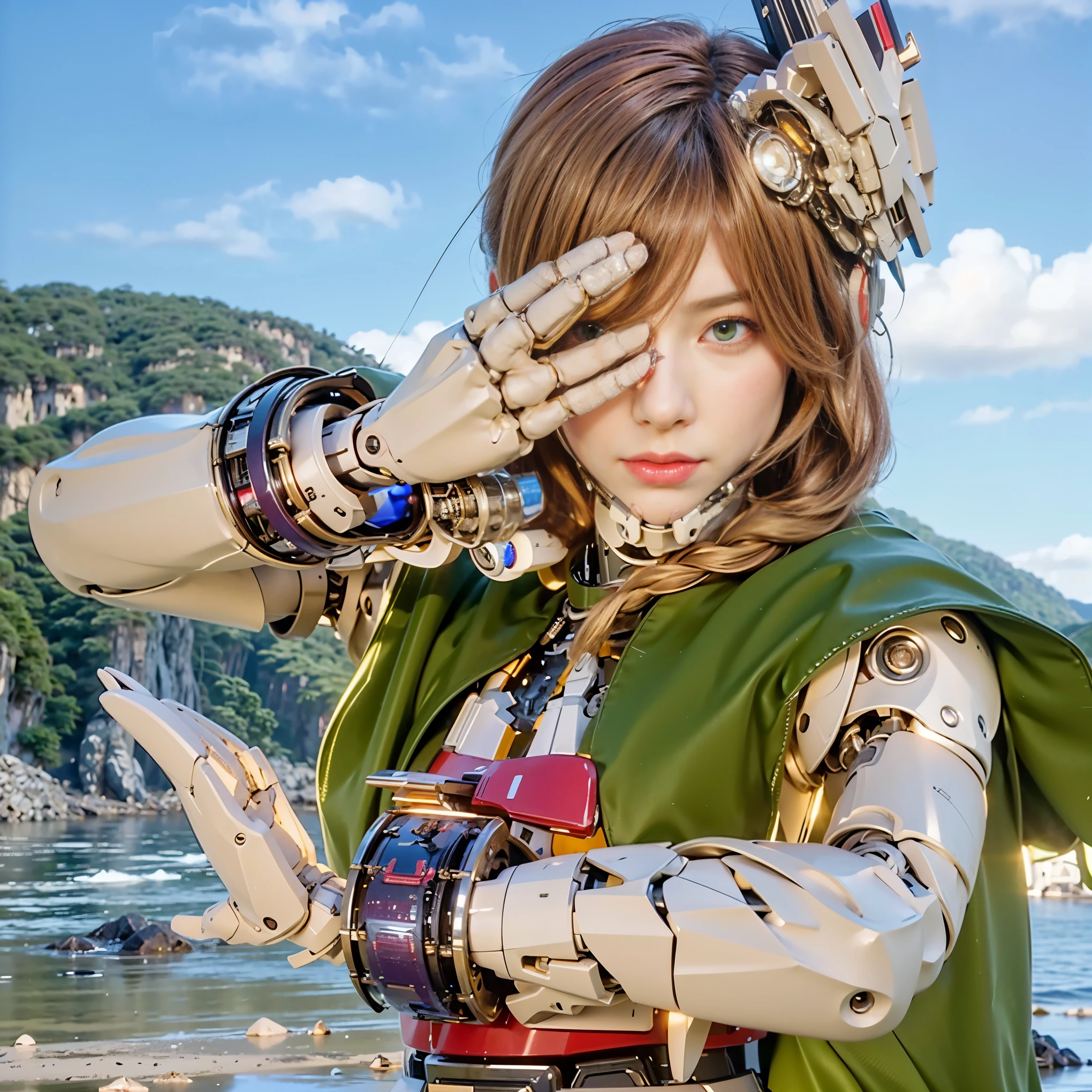 masterpiece, best quality, movie,official art, promotional art, movie wallpaper, extremely detailed CG unity 4k wallpaper, intricate details, white background, full body, concept art, production art, (Mechanical components:1.5),(mechanical prosthesis:1.5), mechanical wings, wings, highres, (realistic, photo-realistic:1.2), physically-based rendering, machinery, reflection, realistic, cyberpunk, symmetric front view close up head shot eyes symmetry face very sharp focus realistic award winning matte drawing cinematic lighting
1girl, robot, (illustration:1.1), slim,
fair skin,delicate face, tights,shine, Bodysuit, (blond long hair),green eyes, laboratory,
chip, shine,braid