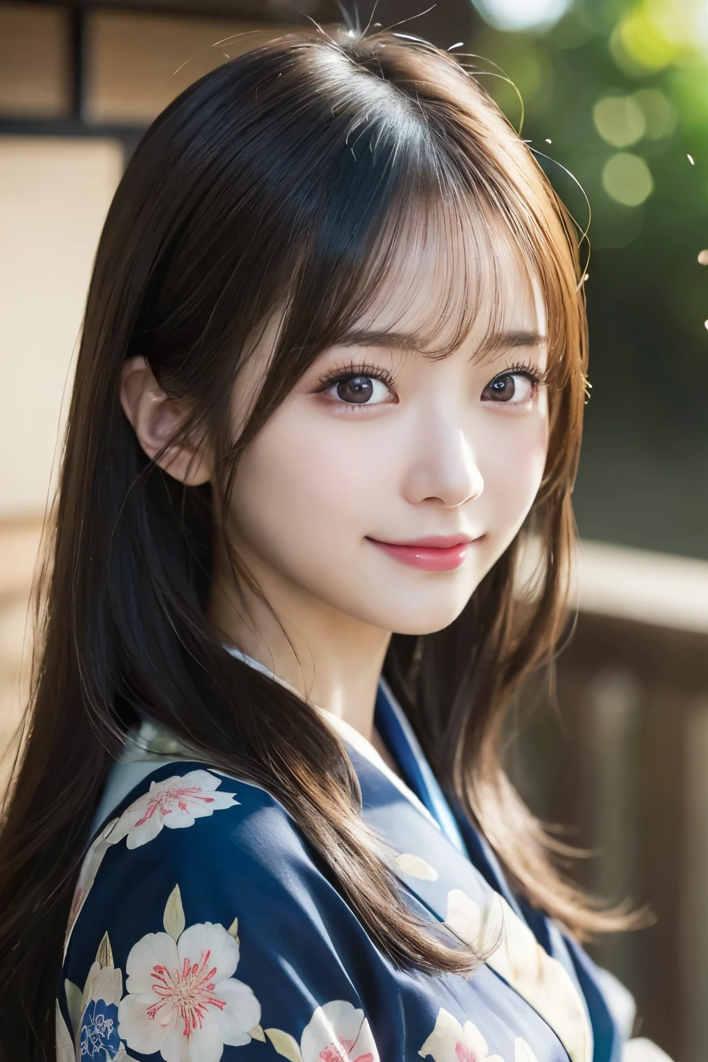 (kimono)、masterpiece、beautiful girl、Beautiful detailed eyes、highest quality, 超A high resolution, (reality: 1.2), Cinema Lighting、(Japanese Girls)、so beautiful、Beautiful Skin、(Looking at the audience)、(Surreal)、(High resolution)、(8k)、(Very detailed)、(Beautiful fine details)、(Very detailed)、 (wallpaper)、Detailed face、Bright lighting、Professional Lighting、Smile