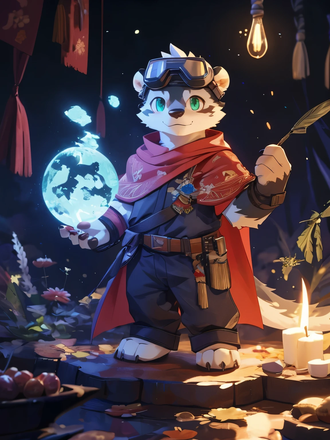 nj5furry,kemono,full-length portrait,anthro,hi res,juvenile,male,strong,Goggles,Orange cape,Blue Texture,artisan,otters,Fluffy hair,White plush paw,Fingerless gloves,Green eyes,Delicate eyes,Detailed eyes,Extremely high detail,8K HD characters,optimism,(particle, Scattered letters, sunlight): 1.3