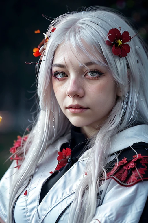 1 woman, solo,((beautiful detailed eyes)), (detailed light),depth of field,(white hair),silver eyes,hair over one eye,(red flower ), hair flower,long hair,black cloak,wet,emotionless,looking back,night,starfall,raining,fog,red flowers falling,sketch,upper body,intense shadows,