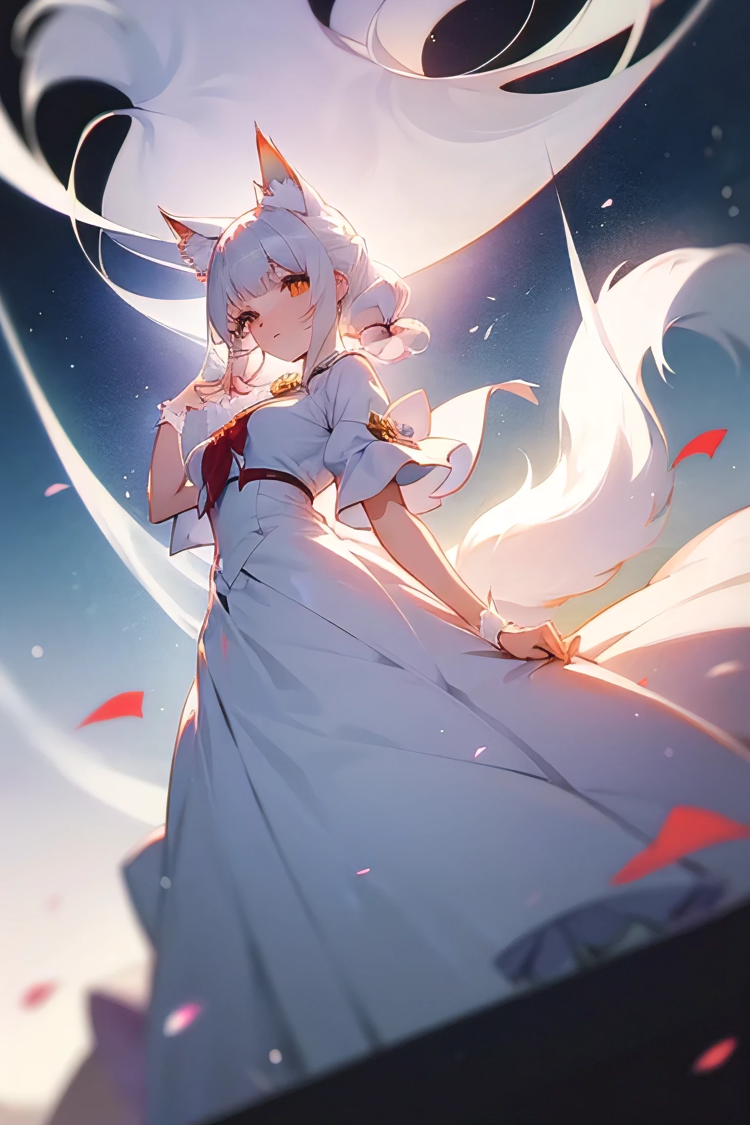 there is a woman with a white dress and a red rose in her hair, anime cosplay, anime girl cosplay, cosplay photo, anime style mixed with fujifilm, cosplay, white haired deity, a beautiful kitsune woman, cosplayer, white cat girl, girl silver hair, nekomimi, anime girl in real life, ayaka cosplay, white hime cut hairstyle