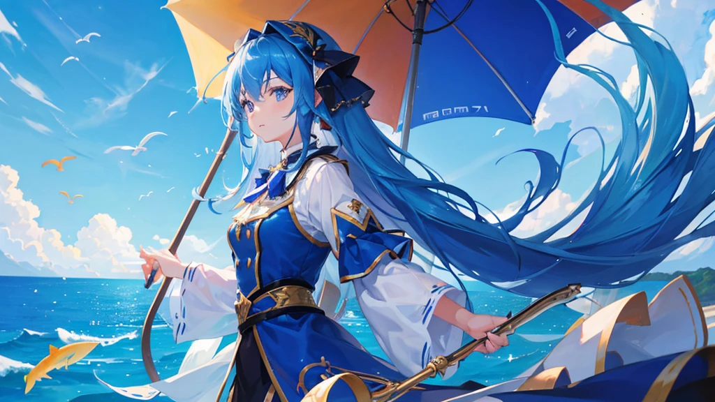 girl with blue long hair, royal , sky, fish, 8k resolution, detail