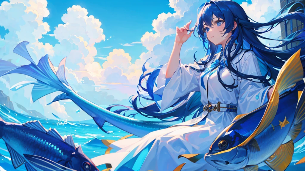 girl with blue long hair, royal , sky, fish, 8k resolution, detail