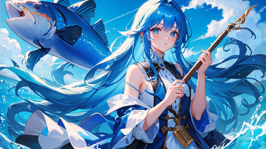 girl with blue long hair, royal , sky, fish, 8k resolution, detail