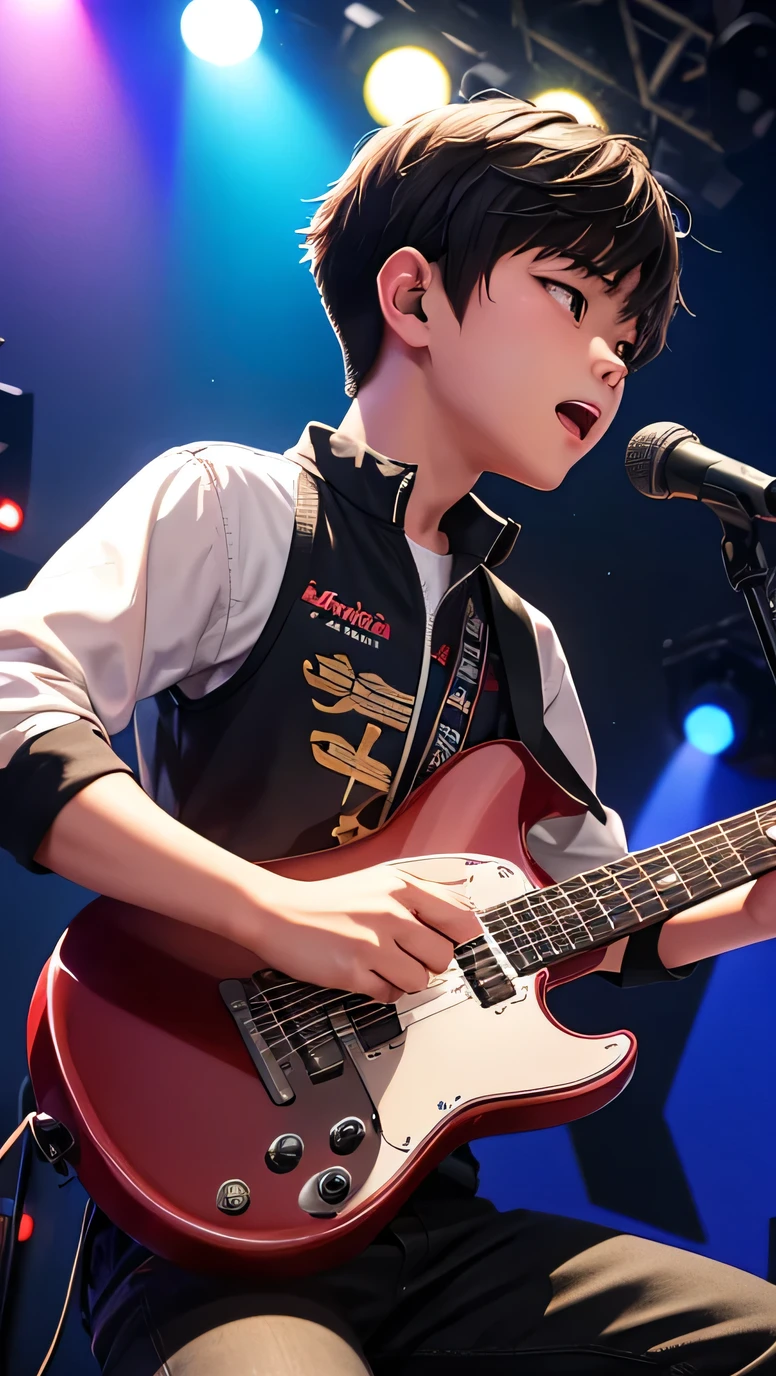 One young Asian man playing keyboard on stage, microphone,concert photography、Music Performance,2D,Comic book style,Stage lighting