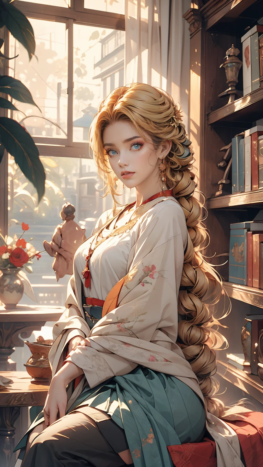 ((masterpiece,highest quality, High resolution)), One girl, alone, Green Eyes, Long blonde hair tied with a blue ribbon, Blunt bangs, Sitting, Arms folded on the table, Sleep arm in arm, , white serafuku, Red sailor collar, Short sleeve, White pleated skirt, (In the library), Dramatic Light, Next to the window, afternoon light through the window, afternoon, Bokeh effect