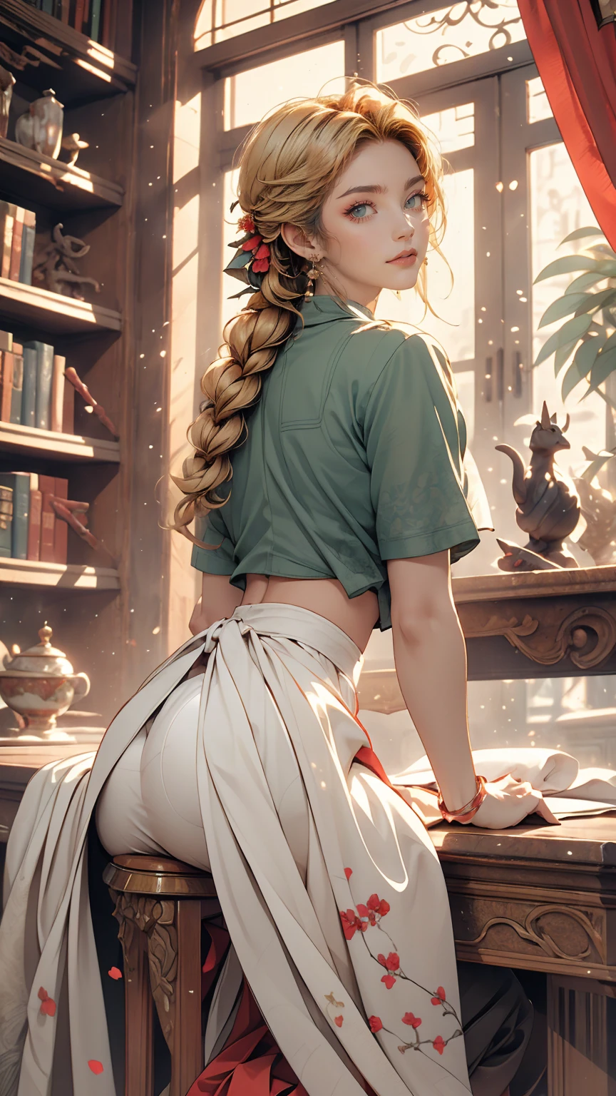 ((masterpiece,highest quality, High resolution)), One girl, alone, Green Eyes, Long blonde hair tied with a blue ribbon, Blunt bangs, Sitting, Arms folded on the table, Sleep arm in arm, , white serafuku, Red sailor collar, Short sleeve, White pleated skirt, (In the library), Dramatic Light, Next to the window, afternoon light through the window, afternoon, Bokeh effect