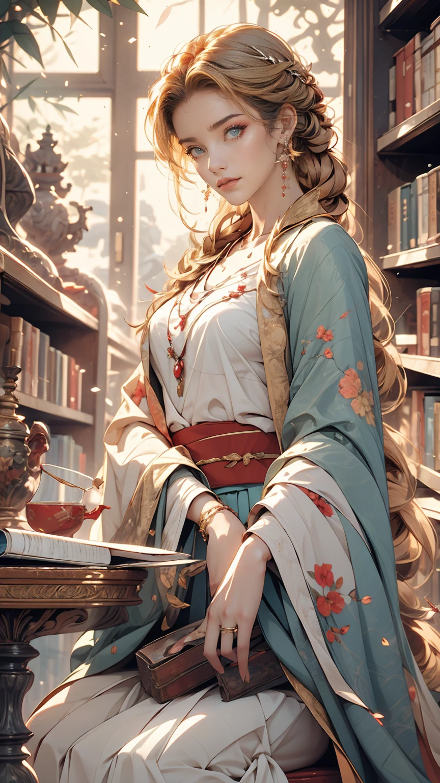 ((masterpiece,highest quality, High resolution)), One girl, alone, Green Eyes, Long blonde hair tied with a blue ribbon, Blunt bangs, Sitting, Arms folded on the table, Sleep arm in arm, , white serafuku, Red sailor collar, Short sleeve, White pleated skirt, (In the library), Dramatic Light, Next to the window, afternoon light through the window, afternoon, Bokeh effect