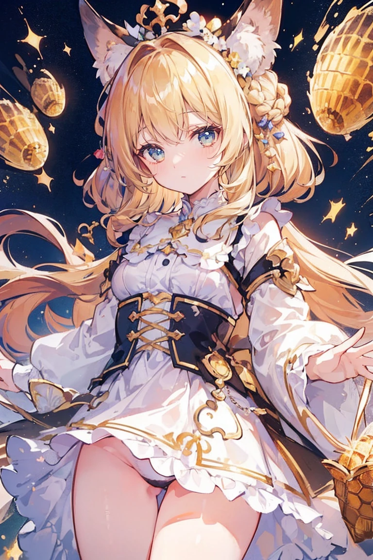 (masterpiece), (highest quality), (Very detailed),(Fluffy hair),(shape), (1 girl), (Kindergarteners)Beautiful and beautiful eyes,Delicate and beautiful face,floating,(High chroma)(The Shining),Panty shot,Are crying,Looking down on((honeycomb,Hairstyle))