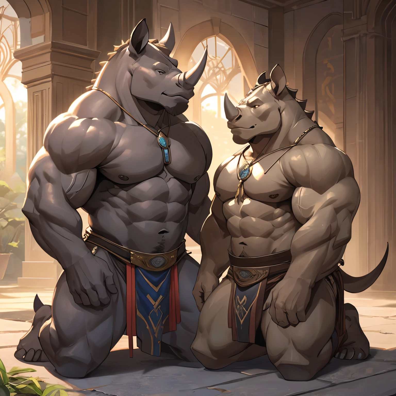 (best quality,4k,Elegant artwork:1.2),Super detailed,Photorealism:1.37,Human-rhino creature,Well-defined muscles,Wearing a loincloth made of animal fur,Clearly visible chest and abdominal muscles。Two rhinos,A father and son,Kneeling on the ground。