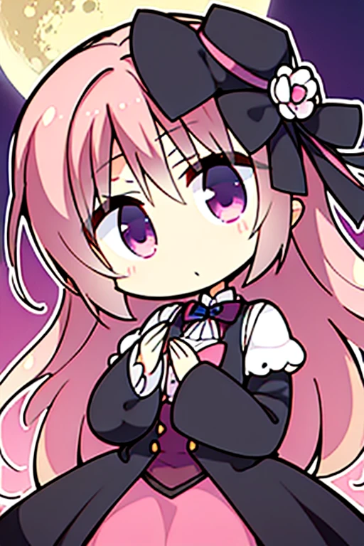 A pink haired woman with violet eyes and an hourglass figure in a Gothic lolita dress is holding a peony in front of a full moon