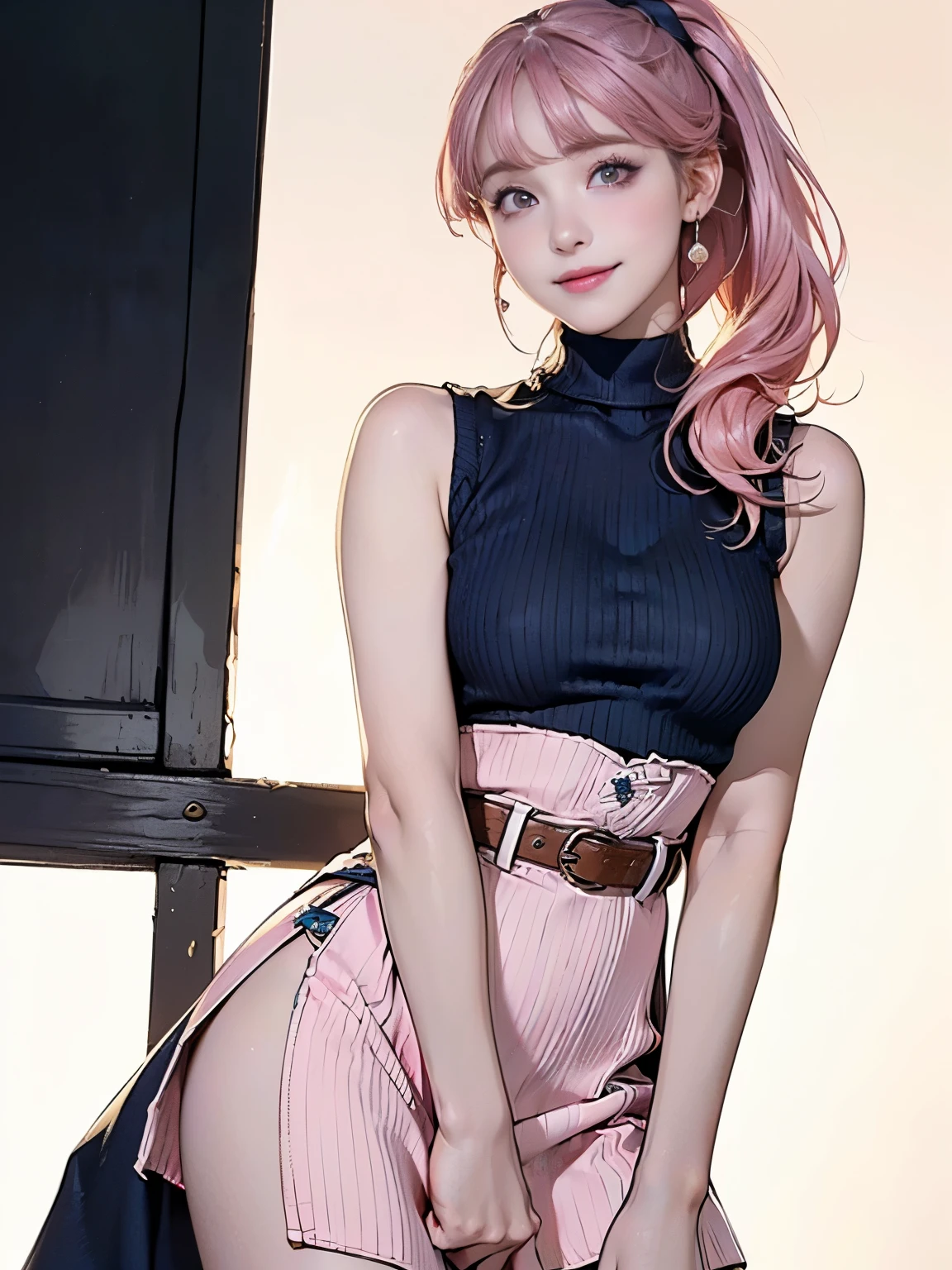 ((((highest quality))))、(((Ultra-precision CG16K wallpaper)))、(((masterpiece)))、(((Super detailed)))、(((Extreme detail)))、((１Mature 29 year old woman:1.6))、((Very beautiful Japanese faces))、((Zuo々Nozomi:1.5))、((Soft wavy ponytail hair、blunt bangs:1.5))、((Shiny pink hair:1.5))、Beautiful delicate eyes、Brown Eyes、eyeliner、Eyeshadow、High nose、Small nostrils、Small Mouth、Seductive lips、Beautiful breasts、((C cup size breasts))、Beautiful feet、eight-headed body、Perfect proportions、Perfect Anatomy、Perfect composition、Beautiful detailed shading、Beautiful, natural lighting、Beautiful detail glow、Depth of written boundary、(((High chroma)))、(((Real:1.9)))、((vivid:1.5))、((Beautiful Skin))、((Skin Texture))、((Realな皮膚感))、(((Cowboy Shot:1.6)))、((front view、shoot from front、Front low angle:1.6))、(((smile:1.5)))、((The woman is looking at this、looking at viewer、Facing forward:1.6))、Bright daylight、Natural light、(((background_Inside the department store:1.5)))、(Walking Pose:1.6)、(((Navy blue high neck sleeveless ribbed knit slit mini dress with belt:1.6)))、((Scrunchie、Wearing earrings:1.3))、((Knee-high socks:1.5))、