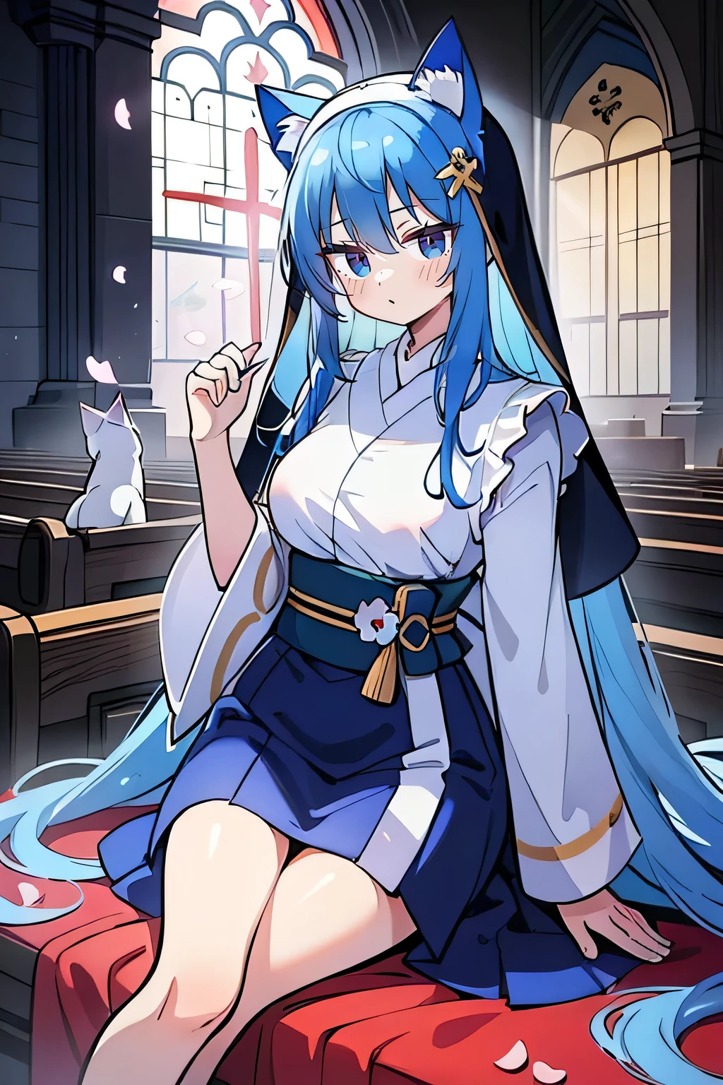 (masterpiece:1.2),Extremely detailed,Practical,expressive eyes,Fair skin,Perfect face shaping,1 Girl,
Japanese cartoons,Gorgeous blue hair, the long flowing blue hair,Floating clothes,Cat ears,Petals fall,beautiful lola,Young Angel,
Place your hands on your waist,sit elegantly on the ground,Cross your legs,Gentle and peaceful background,church,Nun's Clothes,back view,lie on the water.