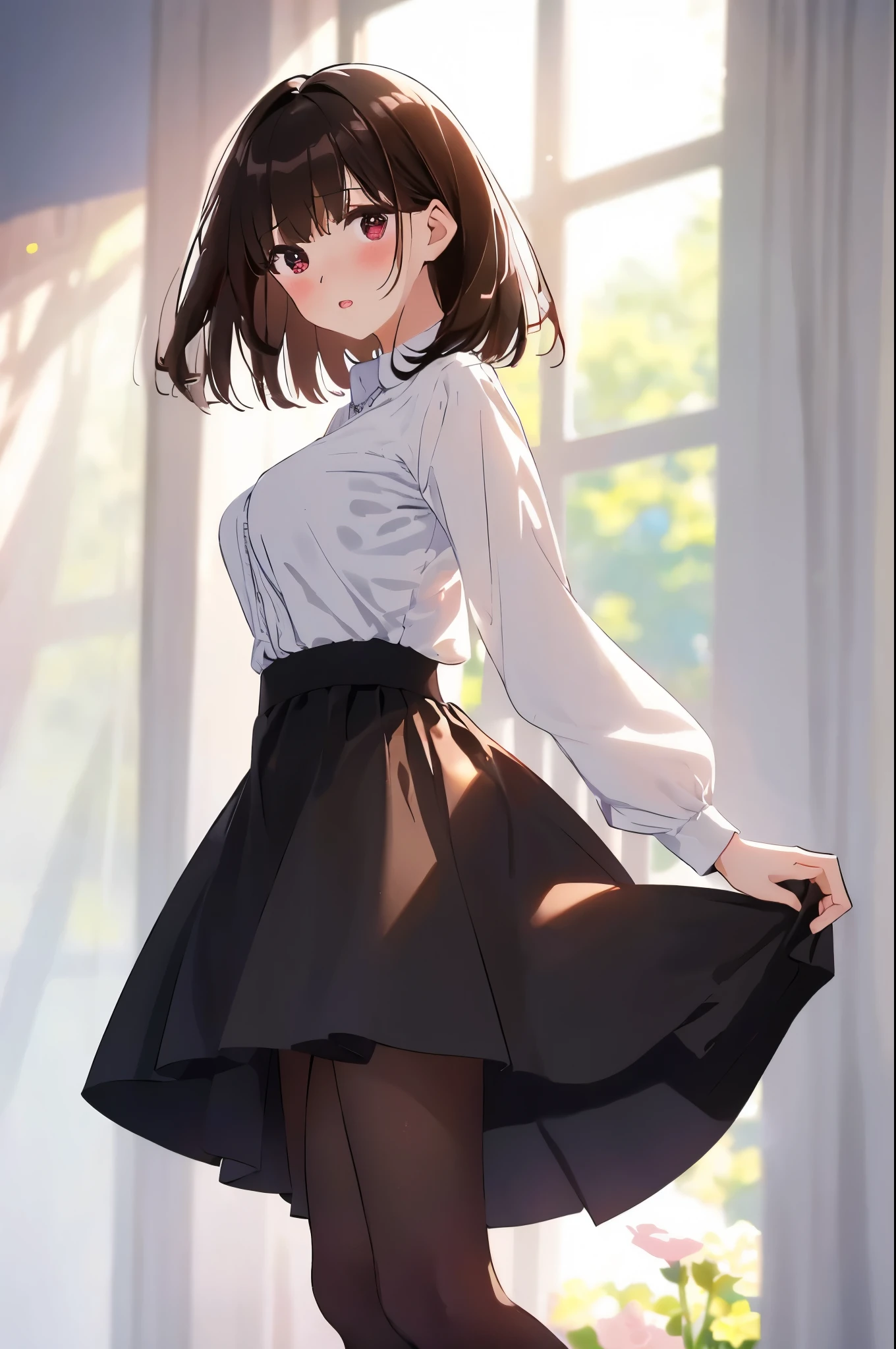 best quality, masterpiece, (solo:1.2), (1 Female:1.2)、Age 25、Larger breasts、(Slender figure)、From the side、(office lady)、sheer white blouse、Black Skirt、tights、(White highlight in pupil:1.2)、Dark reddish brown eyes、(Black-haired:1.2)、(Medium Hair)、(View your viewers:1.2)、White skin、(blush)、(Embarrassed expression)、(I blur the background a lot to make the woman stand out.:1.3)、(The sunlight shines in)、Half backlight、Beautiful flowers in the background