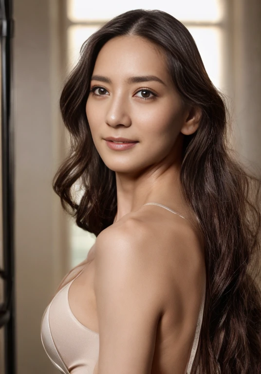 8k images, highest quality, masterpiece, Realistic, Realistic, High resolution, Beautiful Makeup、Glistening lips、Beautiful collarbone from loose bathrobe、A little bit of cleavage is visible、Ray Tracing, 1 sexy Japanese middle-aged woman,4０age、Whitening skin、Fine wrinkles on the face、 ,、Shapely round breasts, Detailed skin texture, Beautiful long light brown curly hair,, Plump figure, ((View your audience))Bright sunlight from behind