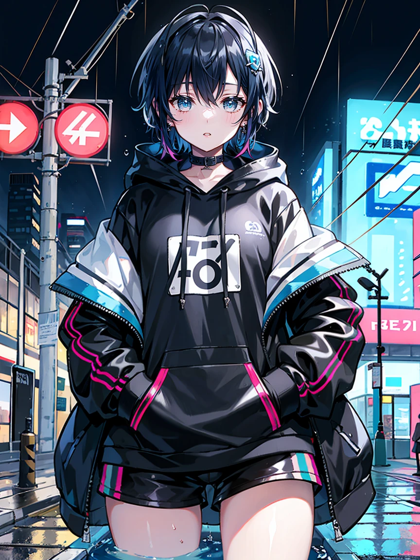 8K resolution、((premium))、((masterpiece))、((Ultra-detailed))、1 female、alone、Unbelievably absurd、Oversized hoodie、Headphones、street、Free area、rain、neon、Short Haircut、Brightly colored eyes in your pocket、shorts、Dripping Water、