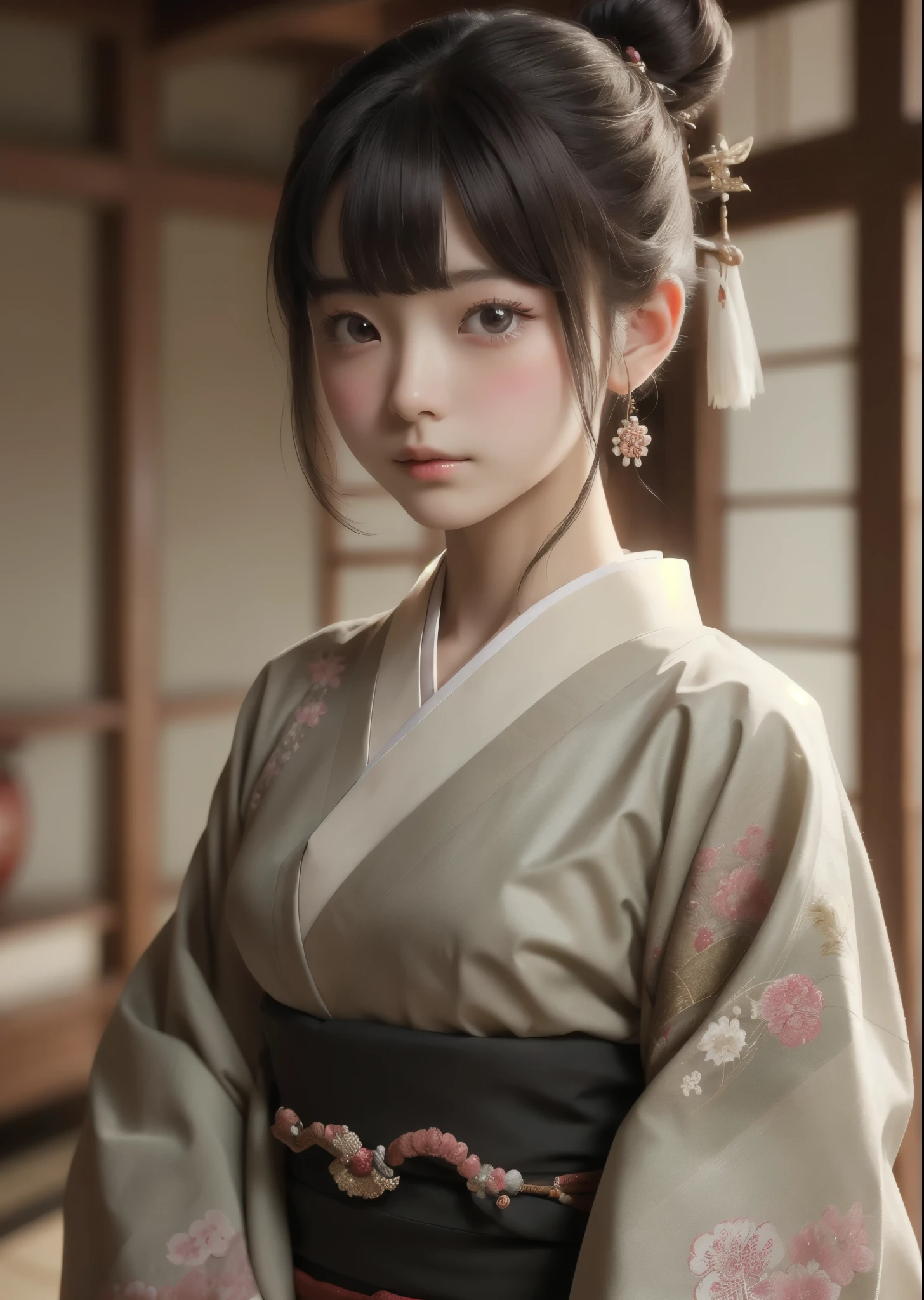(masterpiece, highest quality, highest quality, Official Art, beautifully、aesthetic:1.2)、Portrait Photography、 (1 Japanese kimono beautiful girl)、A gorgeous kimono worn by women at Japanese Coming of Age ceremonies、The collar is nicely closed、A perfect example of how to wear a kimono、Big brown eyes、Beautiful skin、Expressionless、A little embarrassing、Moderate breast size、(Bun updo with bangs)、hair ornaments、Very detailed,(Japanese-style room:1.3)、Perfect lighting、Sharp focus、High resolution、High resolution、High color rendering、High resolution、High contrast、Super realistic、