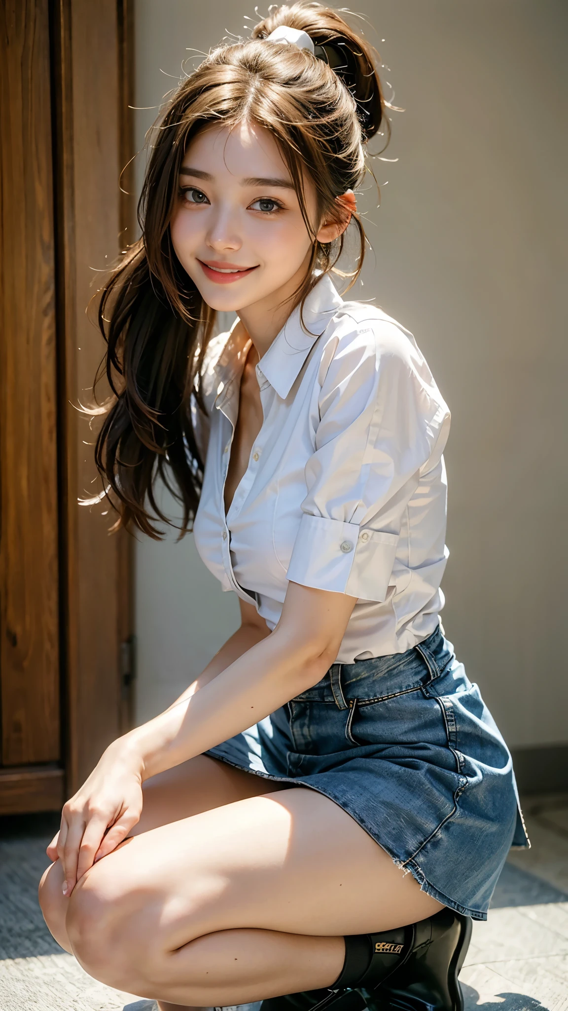 highest quality, masterpiece, Ultra-high resolution,(((Face Focus:1.6))) (Realistic:1.6), (Portrait of a woman kneeling with legs apart) RAW Photos, 1 girl, 20-year-old,(((White blouse))),((A high school girl wearing a blue plaid miniskirt)),((Ponytail and hair tie)),,((Looking up at the audience)),Realistic,((background)), Image Media Chest)),((Smiling with teeth showing)),