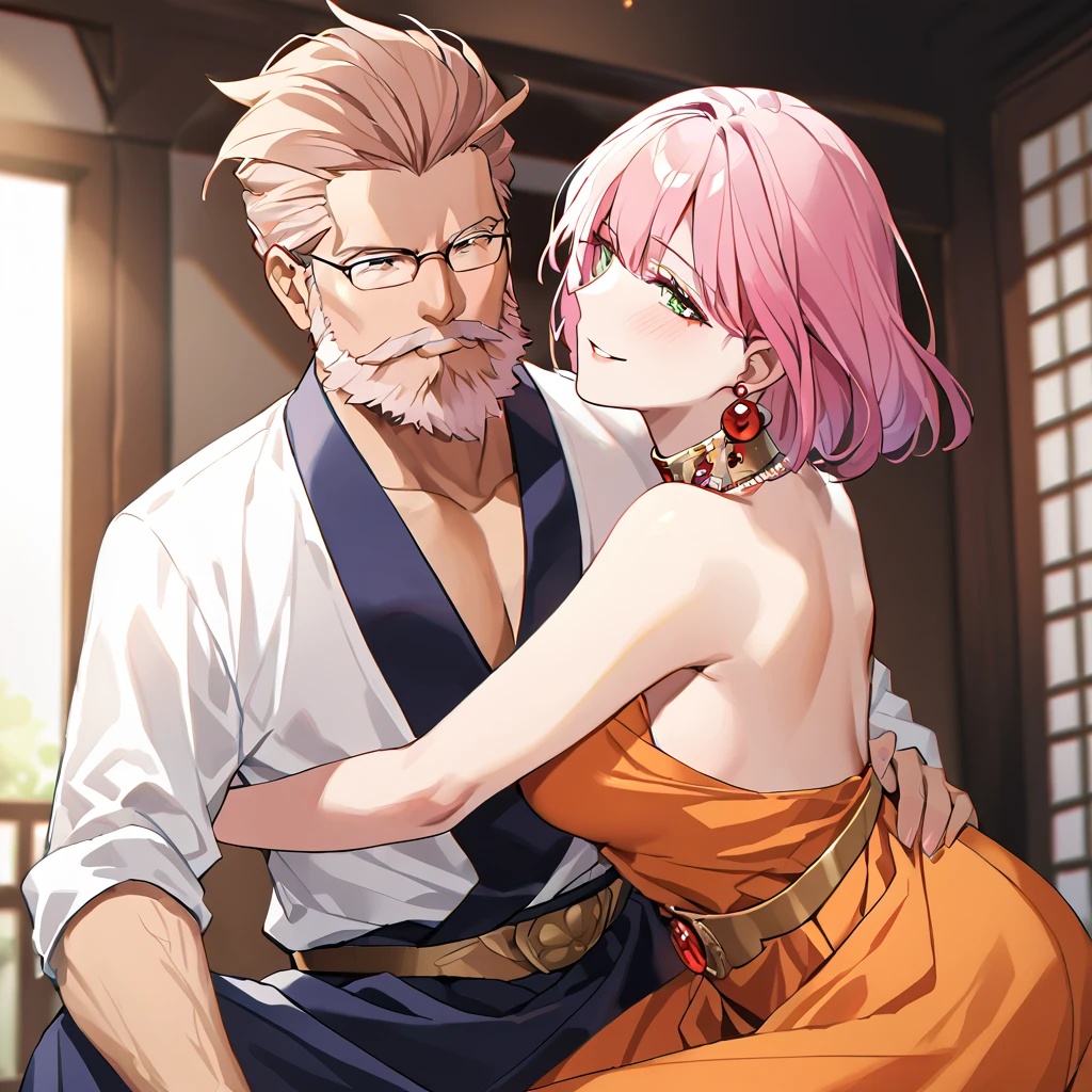 ((highest quality)), ((masterpiece)), (detailed), (Perfect Face)、(The woman is Rena, with short pink hair that she has down, a happy smile on her face, and is in a luxurious samurai mansion.、The woman is wearing an orange mini dress and lavish accessories such as earrings and a necklace.)、A husband and wife are peacefully close together, the woman leans on her husband and the man embraces his wife. The husband is 60 years old and the wife is 32 years old.、The man is Oda Nobunaga, with his dignified beard and topknot, wearing formal attire such as a hakama.