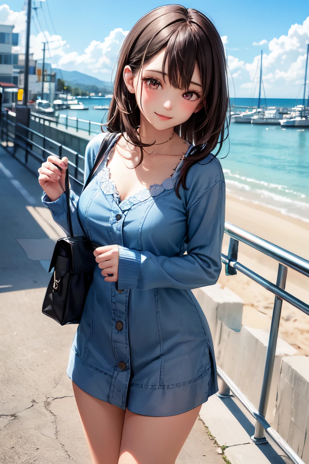 very cute and beautiful girl,(highly detailed beautiful face and eyes),frilled white summer dress with detailed lace,navyblue cardigan, standing,road side of seaside town street,harbor,marina,beautiful summer sky,(smile:1.2),happy,black hair,mid shot,holding cute fashion bag,detailed legs, (best quality,masterpiece),absurdres,highres,ultra-detailed,extremely detailed,32k,8k resolution, intricate details,cinematic scene,detailed background,solo,dynamic angle,