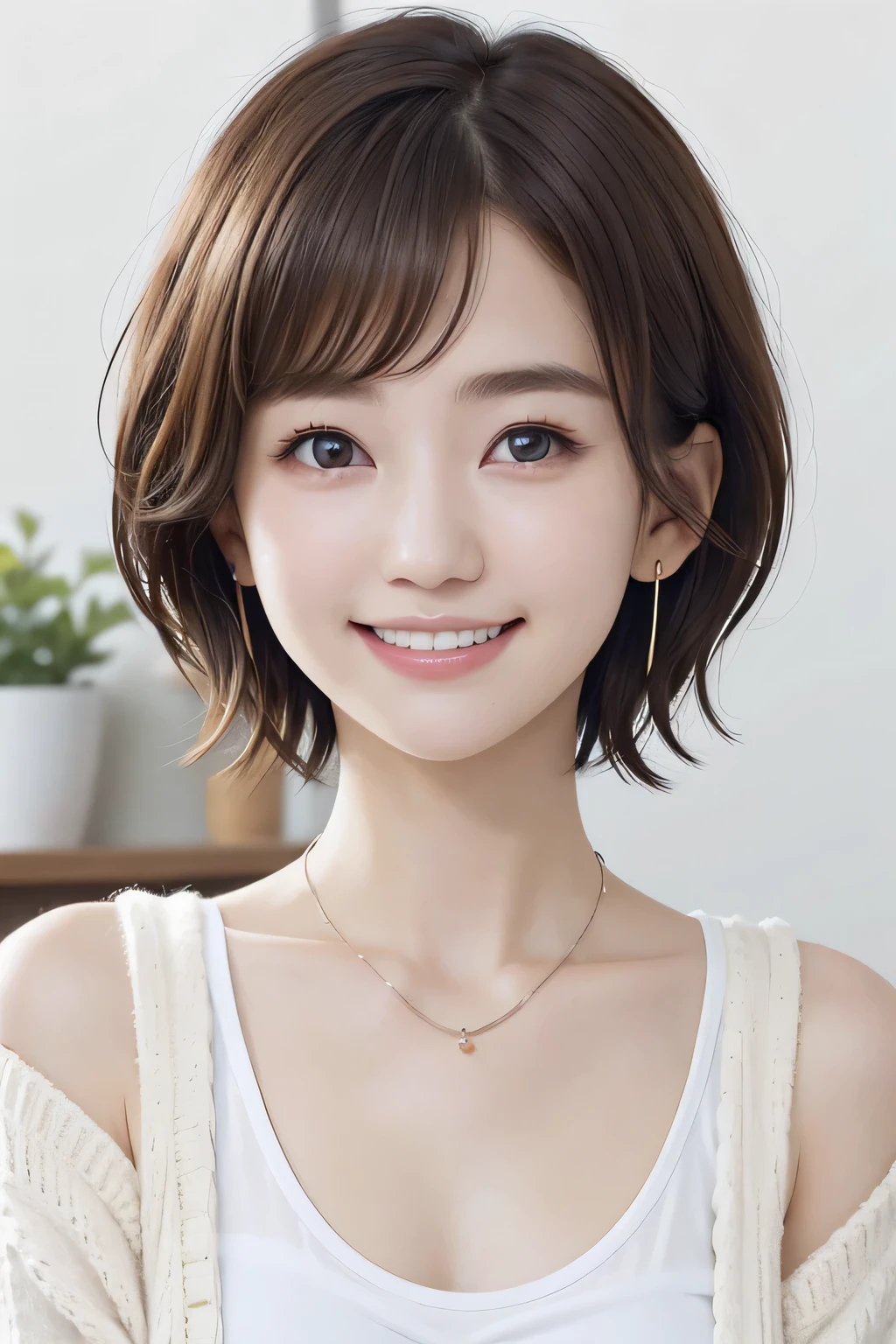 205 ((short hair)), 20-year-old female, In underwear、Put a cardigan over your shoulders、 A refreshing smile、Beautiful teeth alignment、Dark eyeliner、Dark brown hair、ear piercing、Necklace around the neck、Looking at the camera