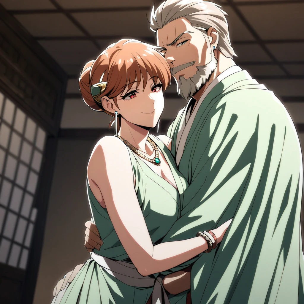 ((highest quality)), ((masterpiece)), (detailed), (Perfect Face)、(The woman is Princess Leona, with long, straight light brown hair that she wears down, a slender figure but average breasts, a gentle smile, and a luxurious samurai mansion.、The woman is wearing a thin dress made of a risqué fabric with green and white as the base color, a light green cape over her head, and luxurious accessories such as earrings, a necklace, and bracelets.)、A husband and wife are peacefully close together, the woman leans on her husband and the man embraces his wife. The husband is 60 years old and the wife is 32 years old.、The man is Oda Nobunaga, with his dignified beard and topknot, wearing formal attire such as a hakama.