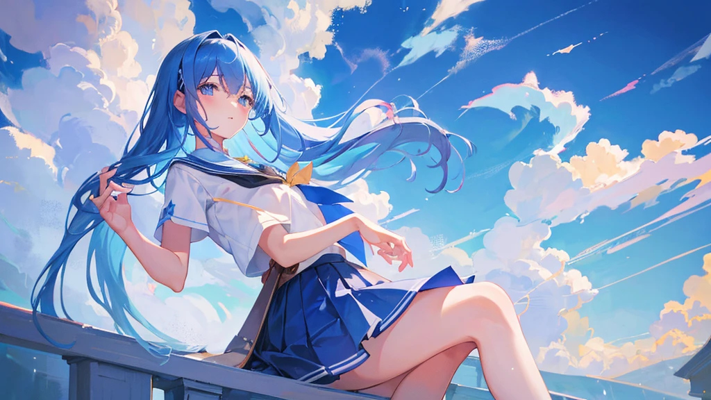 girl with blue long hair, royal school clothes, sky, 8k resolution, detail