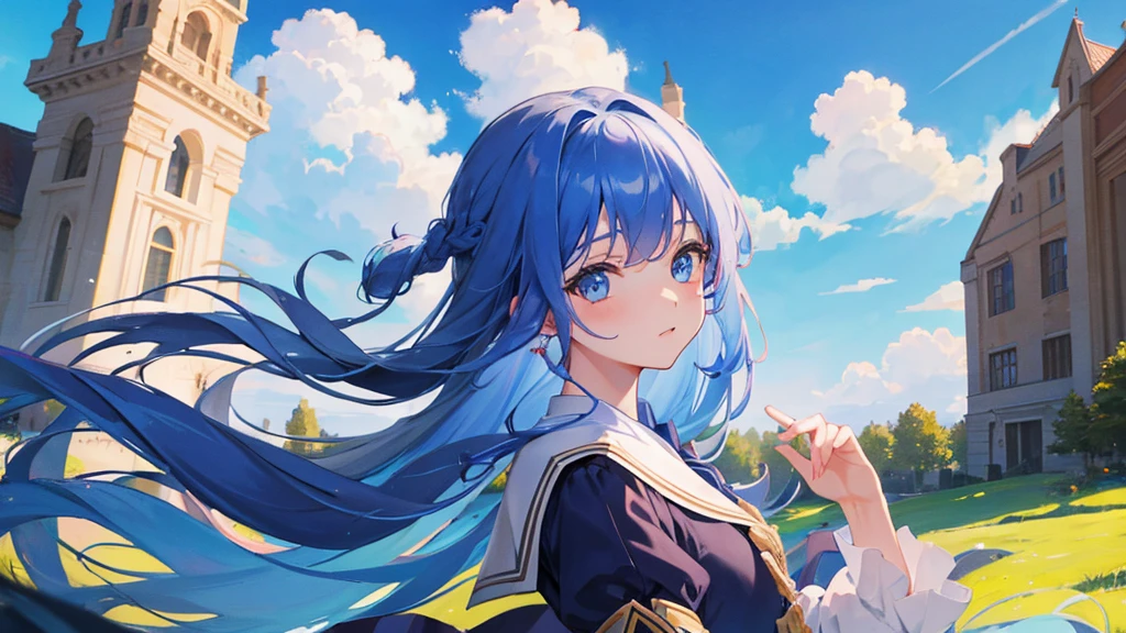 girl with blue long hair, royal school clothes, sky, 8k resolution, detail