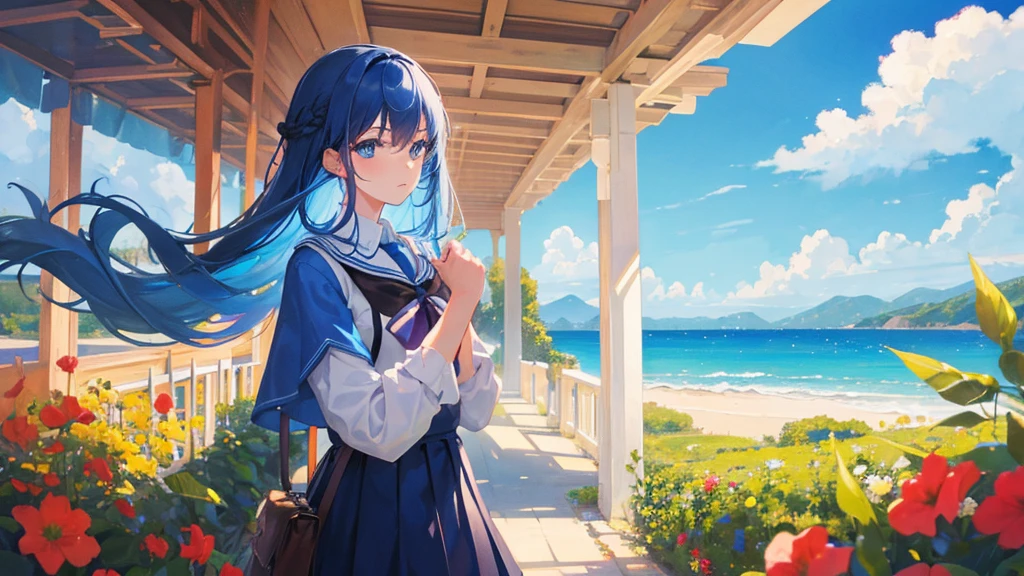 girl with blue long hair, royal school clothes, sky, 8k resolution, detail