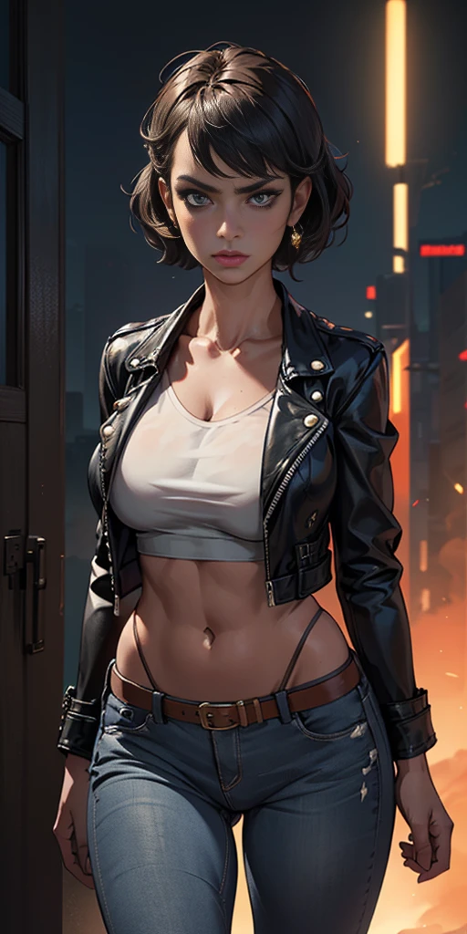 a beautiful woman in a black leather jacket and a thong,skirt jeans, detailed facial features, intricate details, masterpiece, cinematic lighting, dramatic pose, photorealistic, hyper detailed, 8k, vibrant colors