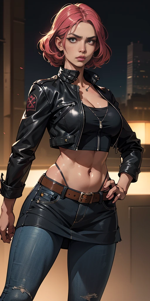 a beautiful woman in a black leather jacket and a thong,skirt jeans, detailed facial features, intricate details, masterpiece, cinematic lighting, dramatic pose, photorealistic, hyper detailed, 8k, vibrant colors