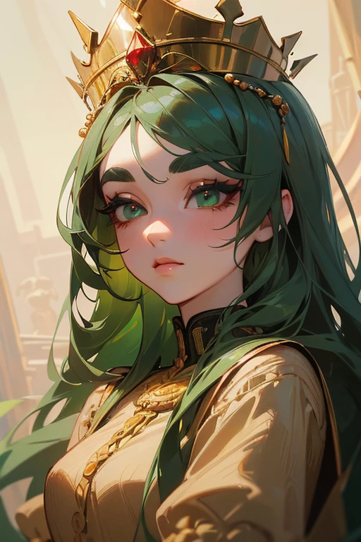 (highest quality, masterpiece:1.2), High resolution, Very detailed, Realistic:1.37, Fantasy, An illustration, Green Eyes、Queen, Laced Dress.Platinum decoration、beautifully、Eyeshadow Red、Thick eyebrows、Long eyelashes、pupils are black、Her hair is dark green、Gold crown、Kissing Face、Embarrassing、Beloved by the crowd、Macaroons、