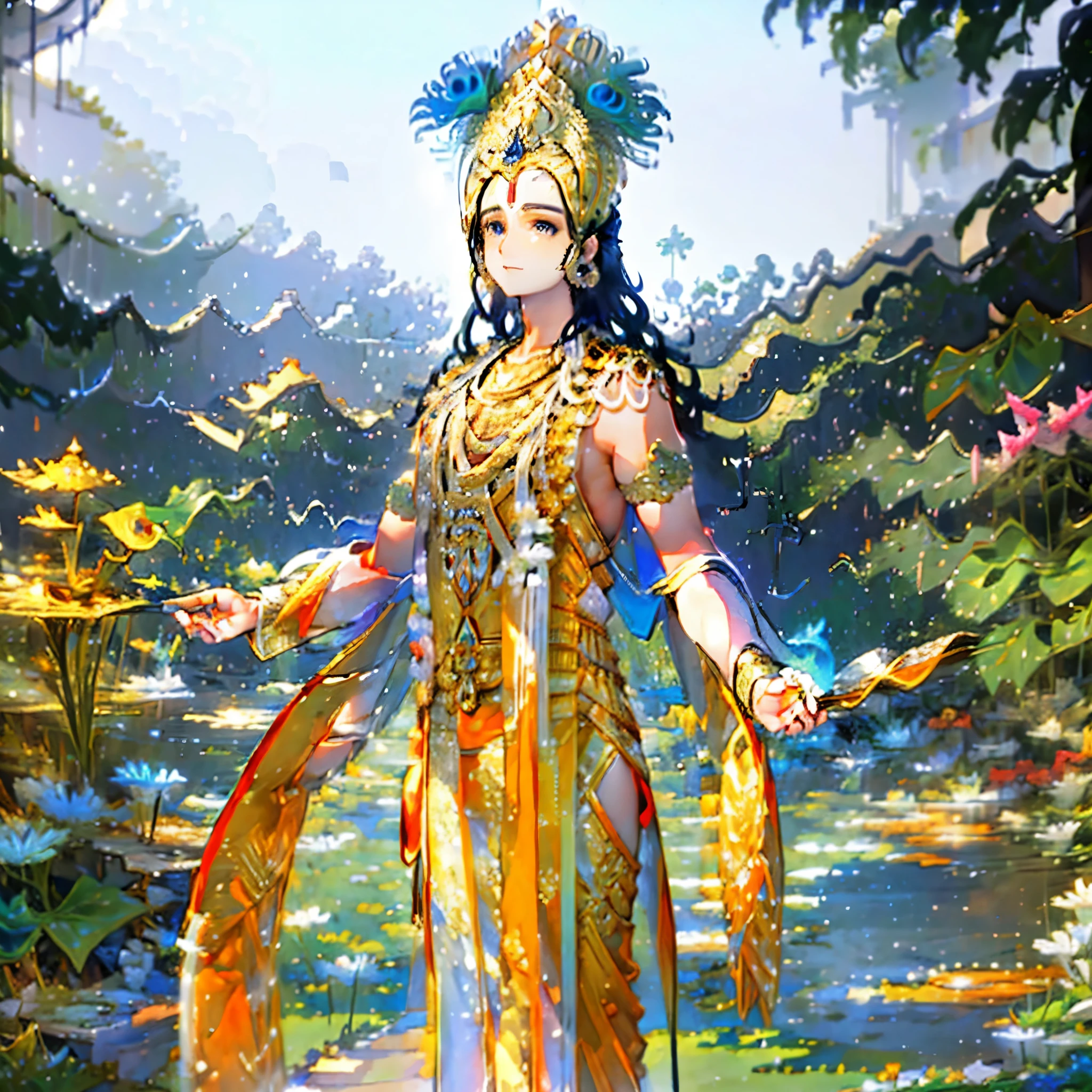 Create a stunning anime-style image of Lord Krishna, depicted in a serene and mystical setting surrounded by lush green leaves. Lord Krishna is portrayed with his traditional attributes: a graceful posture, wearing a vibrant peacock feather crown, and adorned in flowing garments in shades of blue and gold.

Krishna's expression is serene and compassionate, with a gentle smile that radiates peace and divinity. His skin has the characteristic blue hue, and his eyes are large and expressive, reflecting wisdom and kindness. In one hand, he holds a beautifully detailed flute, symbolizing his divine music.

The background is a rich tapestry of green leaves, with various shades creating depth and texture. The leaves are intricately detailed, some catching the light in a way that makes them appear almost luminous. Among the leaves, delicate flowers and vines weave in and out, adding splashes of color and enhancing the natural beauty of the scene.

The overall composition should be dynamic and ethereal, with a focus on the interplay of light and shadow to create a sense of depth and mysticism. Soft, dappled sunlight filters through the leaves, casting a gentle glow on Krishna and creating a serene atmosphere.

The style should be distinctly anime, with attention to the fine details of Krishna’s attire and the natural surroundings. The image should evoke a sense of tranquility and divine presence, capturing the essence of Lord Krishna in a peaceful, natural setting.