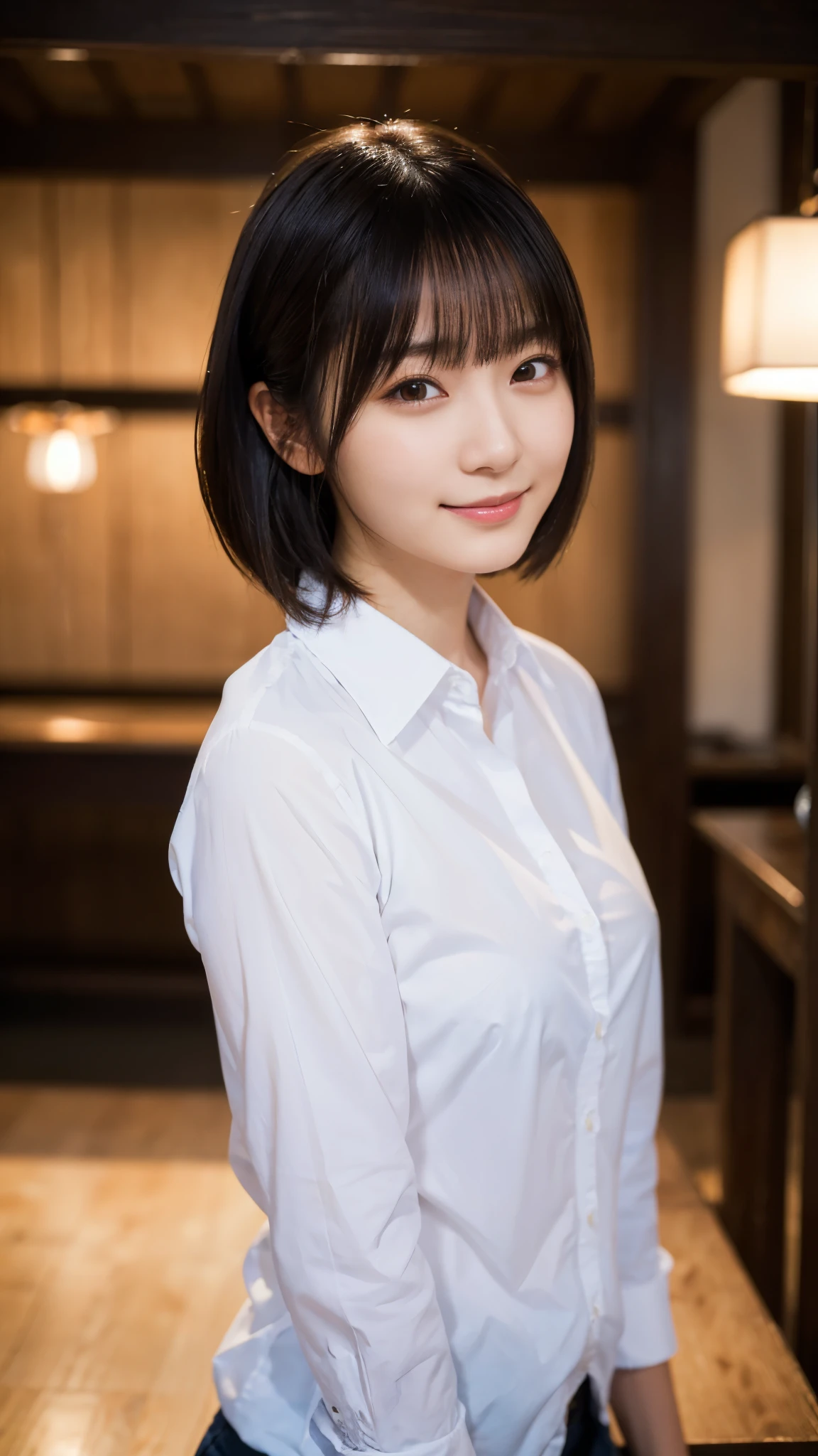(highest quality,masterpiece:1.3,Ultra-high resolution),(Super detailed,Caustics,8k), (Photorealistic:1.4, RAW shooting),darkness,Dark studio,Japanese,20-year-old,smile,Natural Makeup,Black Hair Middle Hair,(White shirt),Big Breasts,Rim Light,Waist up shot