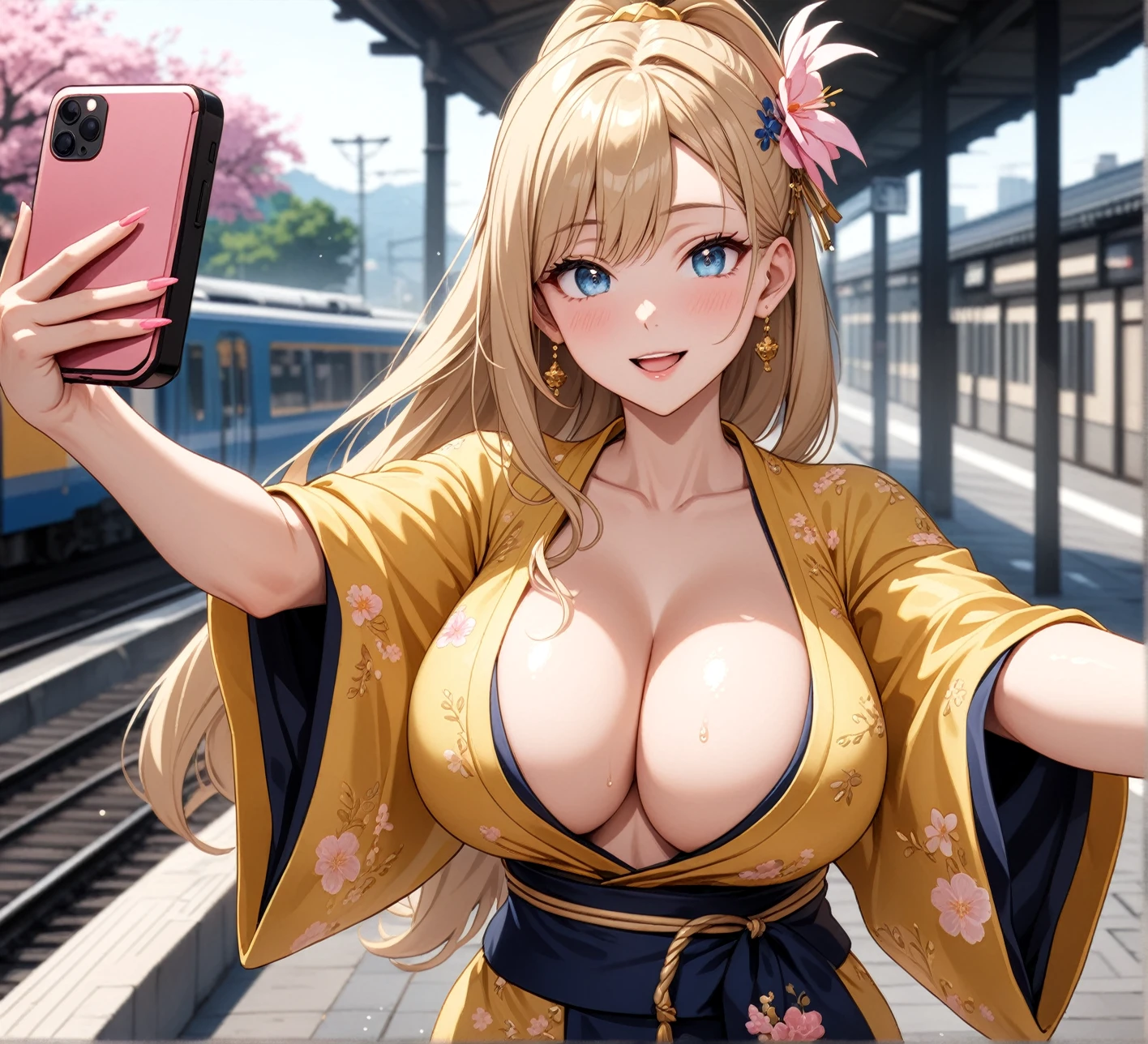 ((1 woman and 1 man)), Beautiful Face,(Two people taking a selfie on a smartphone),Laughing embarrassedly,Sweat on the face,Glossy pink lips,Daytime,Meet at the station platform, ((Anime style background)),masterpiece, highest quality, so beautiful, up to date, Complex details, (Pink long nails),AI-generated, Complex,High resolution, highest quality, super high quality,3D Images、View the viewers、3D Images,one person,Long Blonde Hair,High Ponytail,blue eyes,Anime woman posing for a photo, [[Fine grain、Colorful eyes、Shining Eyes:1.15]],a hyperRealistic , hyperRealistic , Realistic,Blonde anime woman with long hair, Smooth anime CG art, A woman in a gold embroidered kimono, (Yellow kimono),Pink floral pattern,Long flower hair ornament,Big earrings,(Large Breasts:1.2),Mature Body,tall,Big Ass,Fine details,Narrow waist,Six-pack,Photographed from the front,The man has short black hair and wears a navy blue yukata.