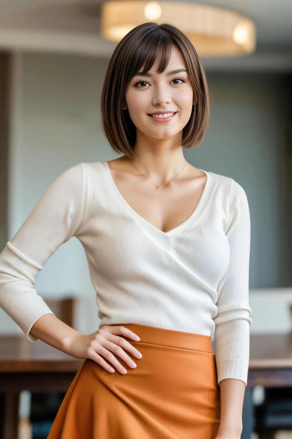 Realistic, Tabletop, highest quality, RAW Photos, Face Focus, elegant, (One Woman), 28 years old, (A white V-neck knit with a loose fit around the neck), (Leaning forward), (Orange tight skirt), (Brown Hair), (bangs), (Straight hair), (short hair), (Looking up at the camera), Beautiful Face, (A fearless smile), (Shapely bust),Cleavage, Perfect Anatomy, Perfect balance, Detailed human body