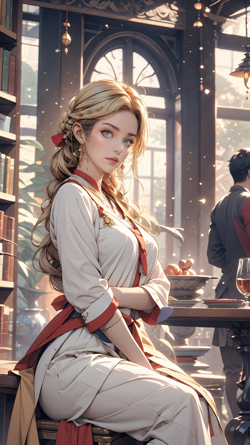 ((masterpiece,highest quality, High resolution)), One girl, alone, Green Eyes, Long blonde hair tied with a blue ribbon, Blunt bangs, Sitting, Arms folded on the table, Sleep arm in arm, , white serafuku, Red sailor collar, Short sleeve, White pleated skirt, (In the library), Dramatic Light, Next to the window, afternoon light through the window, afternoon, Bokeh effect