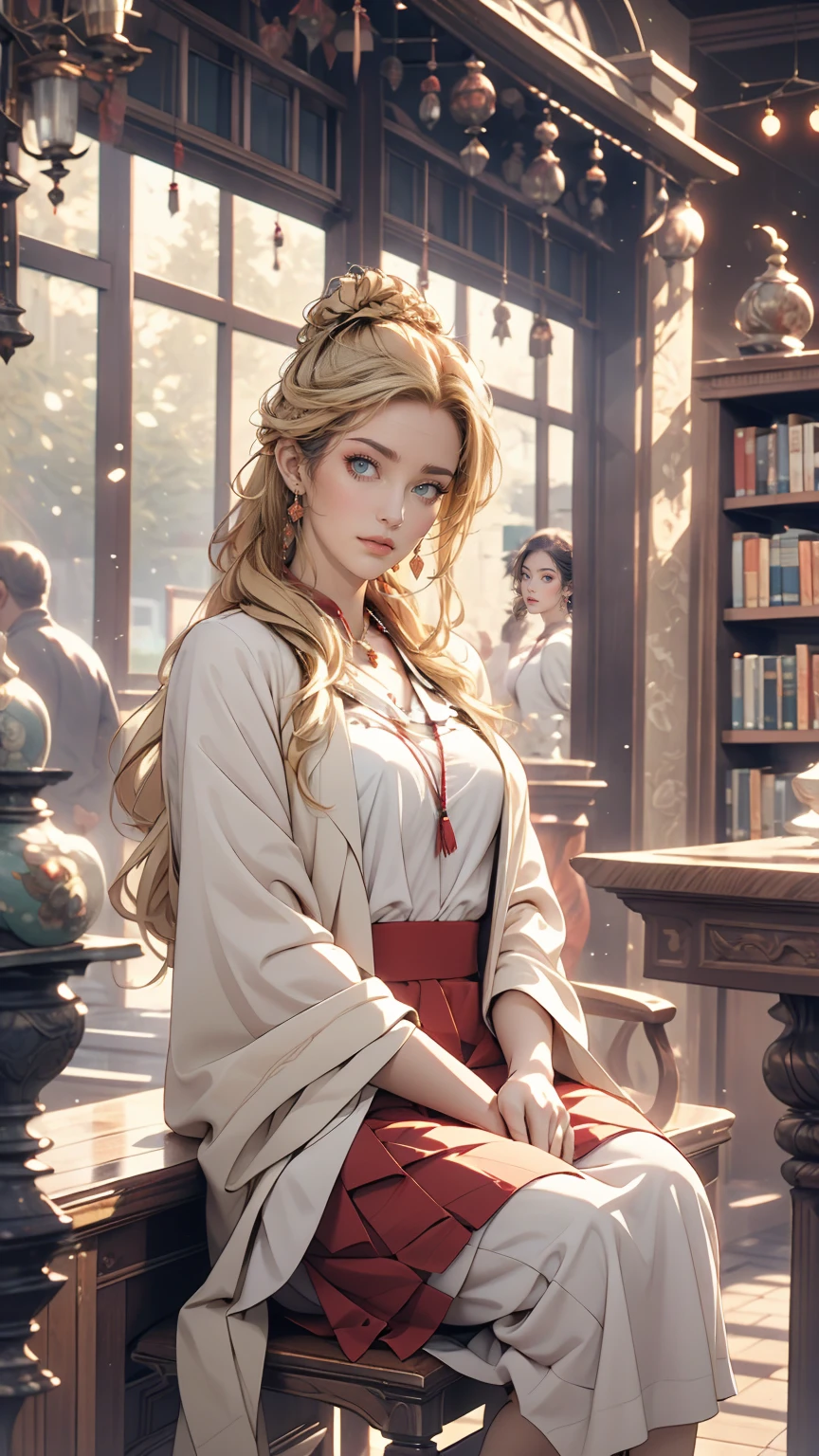 ((masterpiece,highest quality, High resolution)), One girl, alone, Green Eyes, Long blonde hair tied with a blue ribbon, Blunt bangs, Sitting, Arms folded on the table, Sleep arm in arm, , white serafuku, Red sailor collar, Short sleeve, White pleated skirt, (In the library), Dramatic Light, Next to the window, afternoon light through the window, afternoon, Bokeh effect