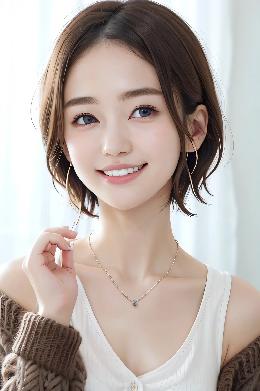 205 ((short hair)), 20-year-old female, In underwear、Put a cardigan over your shoulders、 A refreshing smile、Beautiful teeth alignment、Dark eyeliner、Dark brown hair、ear piercing、Necklace around the neck、Looking at the camera