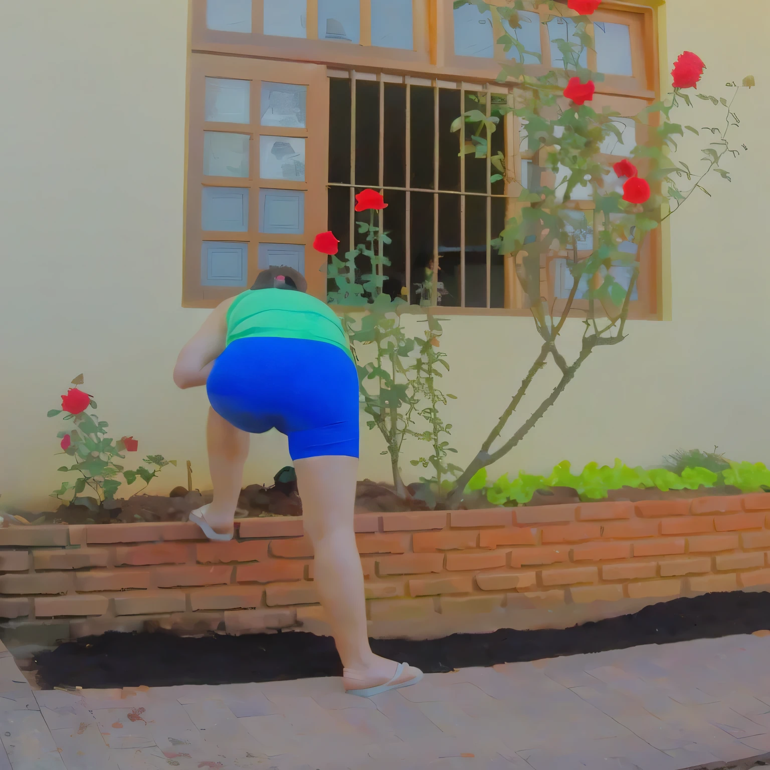 In the image, a beautiful Brazilian woman with white skin, short dark brown hair, who is standing on a brick wall, bent over, photo from the back, side photo, picking a flower, photo from the back, transforming into a giant rose, photo from behind, outside a house, sneaking, shot from behind, in shorts, shapely back, wearing blue shorts ((blue)) and green tank top ((green)), photo with hidden camera, striking a cheeky pose, photo rear. Fitness woman, perfect arms, perfect body. She is around 40 years old, 162 cm tall and weighs 56 kg. Her body exudes glamor and her face is a definition of beauty. Slender body, thin waist. Highly realistic, hyperrealism, very elaborate skin, high quality photo. Sharp Photo, High Resolution, High Quality, Masterpiece, 16K Photo, Sharp Photo, High Contrast, Masterpiece, (Photographically Realistic), NUDE, NUDITY, NFSW.