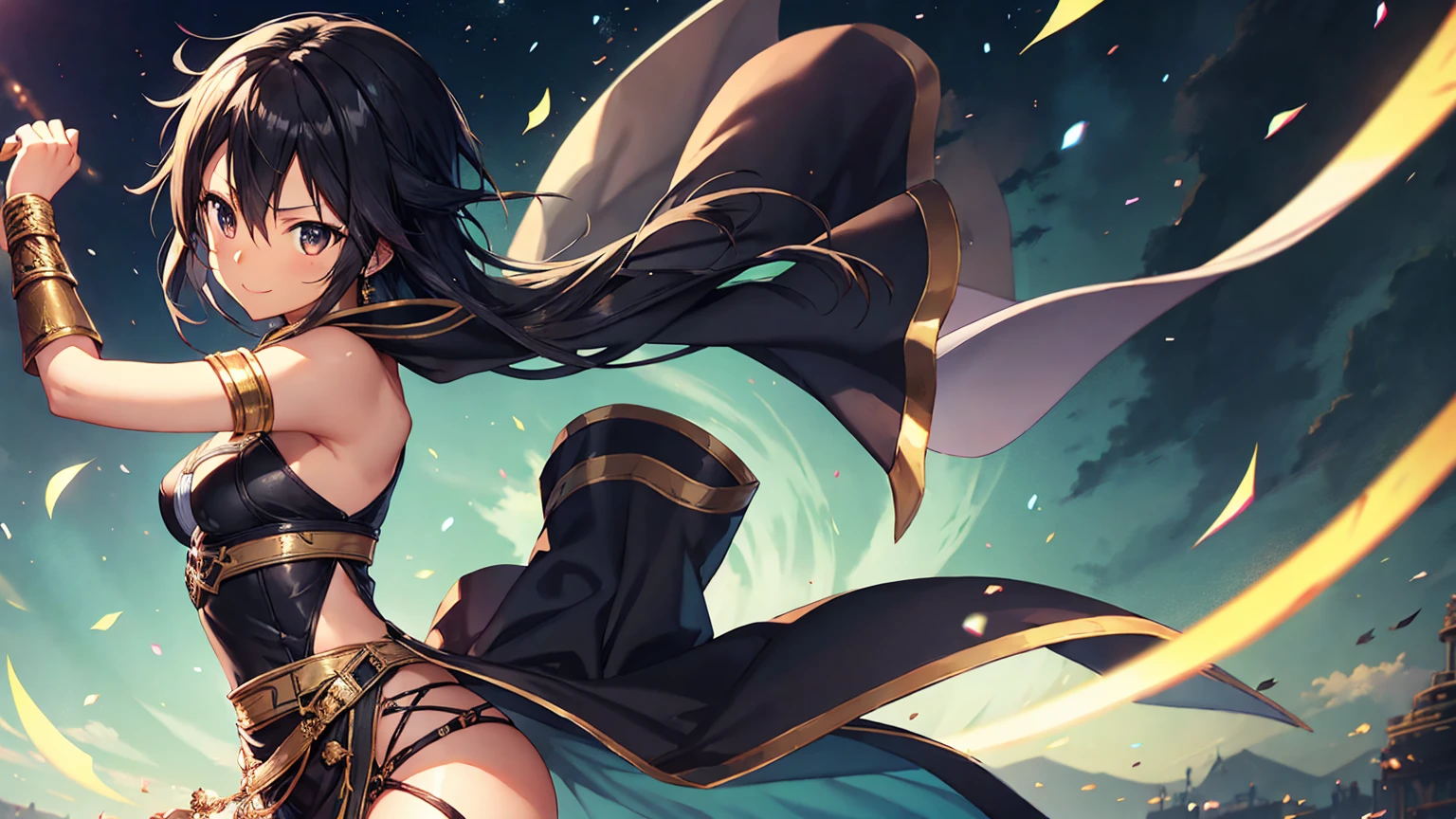 Kirito, Black egyptian dancer's clothing, blushing smile, dark skin, black long hair, alone in the dance hall, big breasts breast enlargement breasts full-body shot
