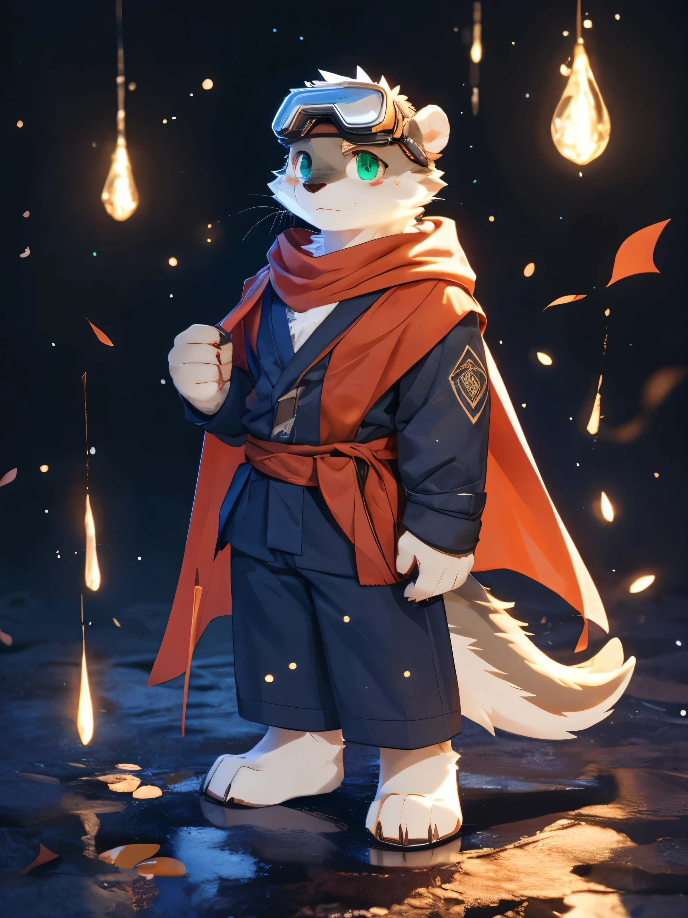 nj5furry,kemono,full-length portrait,anthro,hi res,juvenile,male,strong,Goggles,Orange cape,Blue Texture,artisan,otters,Fluffy hair,White plush paw,Fingerless gloves,Green eyes,Delicate eyes,Detailed eyes,Extremely high detail,8K HD characters,optimism,(particle, Scattered letters, sunlight): 1.3
