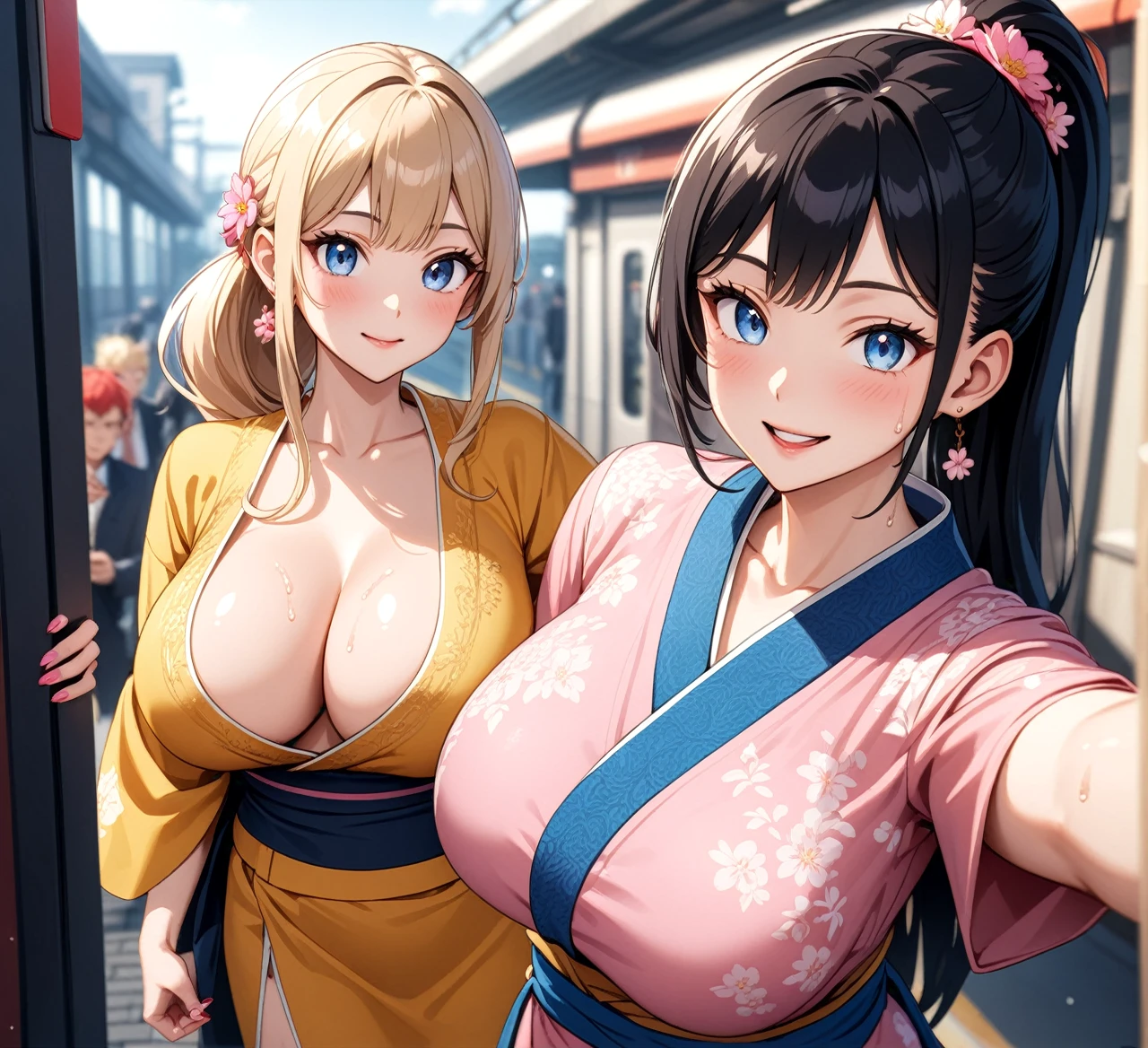 ((1 woman and 1 man)), Beautiful Face,(Two people taking a selfie on a smartphone),Laughing embarrassedly,Sweat on the face,Glossy pink lips,Daytime,Meet at the station platform, ((Anime style background)),masterpiece, highest quality, so beautiful, up to date, Complex details, (Pink long nails),AI-generated, Complex,High resolution, highest quality, super high quality,3D Images、View the viewers、3D Images,one person,Long Blonde Hair,High Ponytail,blue eyes,Anime woman posing for a photo, [[Fine grain、Colorful eyes、Shining Eyes:1.15]],a hyperRealistic , hyperRealistic , Realistic,Blonde anime woman with long hair, Smooth anime CG art, A woman in a gold embroidered kimono, (Yellow kimono),Pink floral pattern,Long flower hair ornament,Big earrings,(Large Breasts:1.2),Mature Body,tall,Big Ass,Fine details,Narrow waist,Six-pack,Photographed from the front,The man has medium length black hair and wears a navy blue yukata.