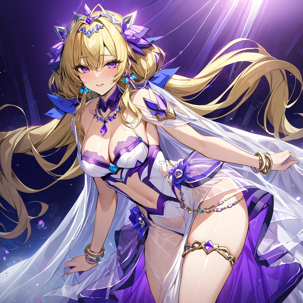 ((highest quality)), ((masterpiece)), (detailed), （Perfect Face）、The woman is an Extia Spica with long blonde hair tied in two ponytails.、A gorgeous purple long slit see-through dress that lets you see right through to the skin, a see-through cape with fur, a necklace with jewels, a tiara, earrings, a head dress-up chain, a waist chain, bracelets, ankle bracelets, etc.々She wears lavish jewelry and shiny purple boots.