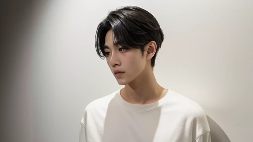 (Highly realistic photos, concentrate、High resolution, Detailed face, Detailed Hair,fine grain), ((Shooting in front of a wall))、Japanese men, 20-year-old, One boy,Only one person is in the photo、Natural look, sweatshirt, Upper body portrait,masterpiece,Kim Tae-hyung,Kim Taehyung\(BTS\),Stage makeup,Fair skin,Broad shoulders:1.5,(Black Hair, :1.2),Relaxed,Inside a minimalist art gallery in Tokyo,admiring a piece of contemporary art.The gallery's sophisticated lighting focuses on the artwork and him, creating a dramatic interplay of shadows and light --ar 3:4 --style raw --stylize 250