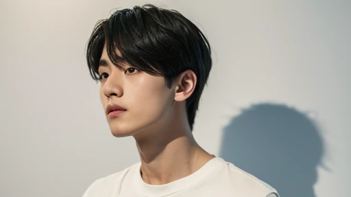(Highly realistic photos, concentrate、High resolution, Detailed face, Detailed Hair,fine grain), ((Shooting in front of a wall))、Japanese men, 20-year-old, One boy,Only one person is in the photo、Natural look, sweatshirt, Upper body portrait,masterpiece,Kim Tae-hyung,Kim Taehyung\(BTS\),Stage makeup,Fair skin,Broad shoulders:1.5,(Black Hair, :1.2),Relaxed,Inside a minimalist art gallery in Tokyo,admiring a piece of contemporary art.The gallery's sophisticated lighting focuses on the artwork and him, creating a dramatic interplay of shadows and light --ar 3:4 --style raw --stylize 250